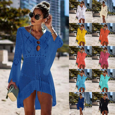 Hollow sunscreen blouse in multiple colors, knitted with spandex fabric, stylish beachwear.