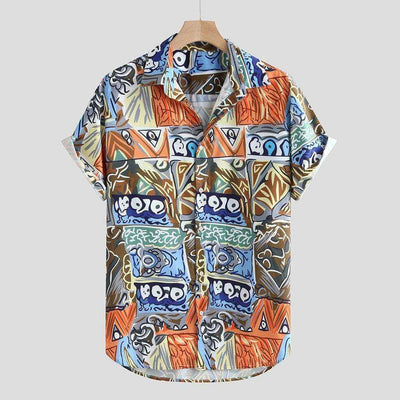 Hawaiian style men's short sleeve shirt with colorful abstract pattern, made from chemical fiber blended polyester.