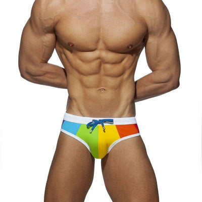 Rainbow swim briefs for men, beachwear sports trunks, sizes M to XXL.