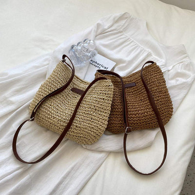 Beige and dark khaki straw tote bags on white fabric, Niche Design Vacation Straw Tote Bag.