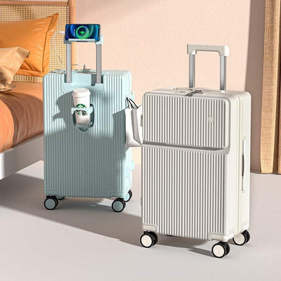 Front Half-opening Multifunctional Luggage with USB, waterproof features, and universal wheels, ideal for travel.